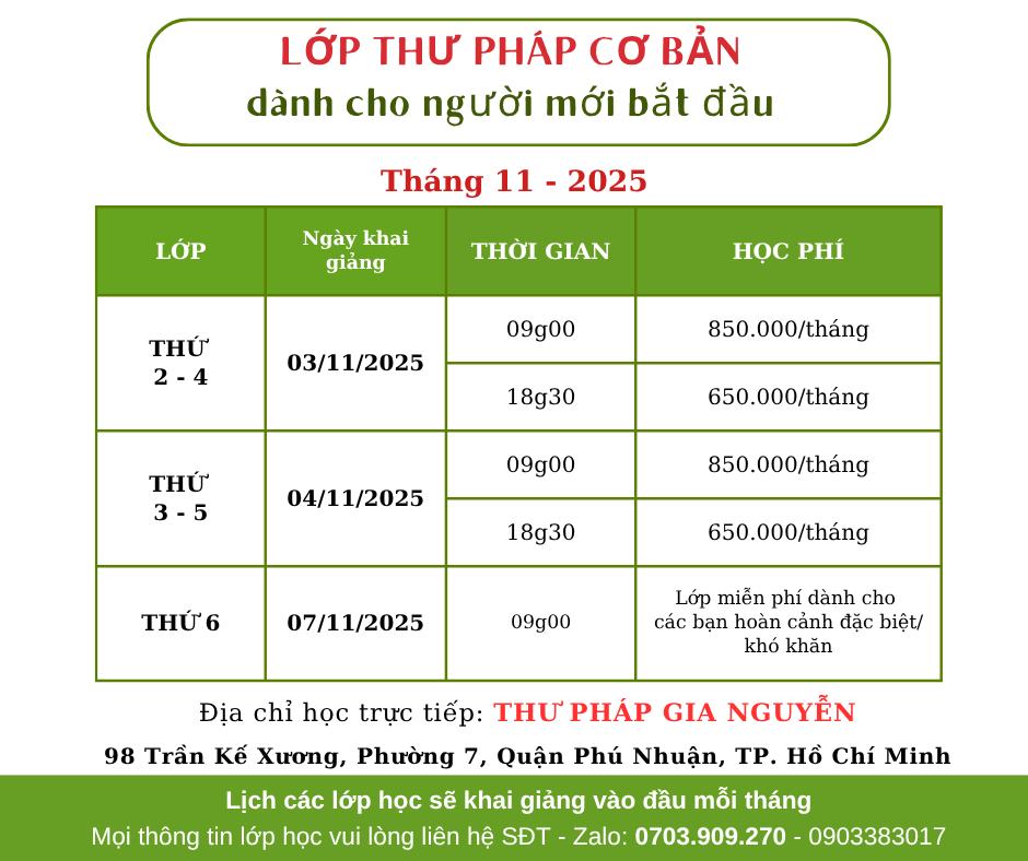 Khai giảng LỚP HỌC THƯ PHÁP THÁNG 11