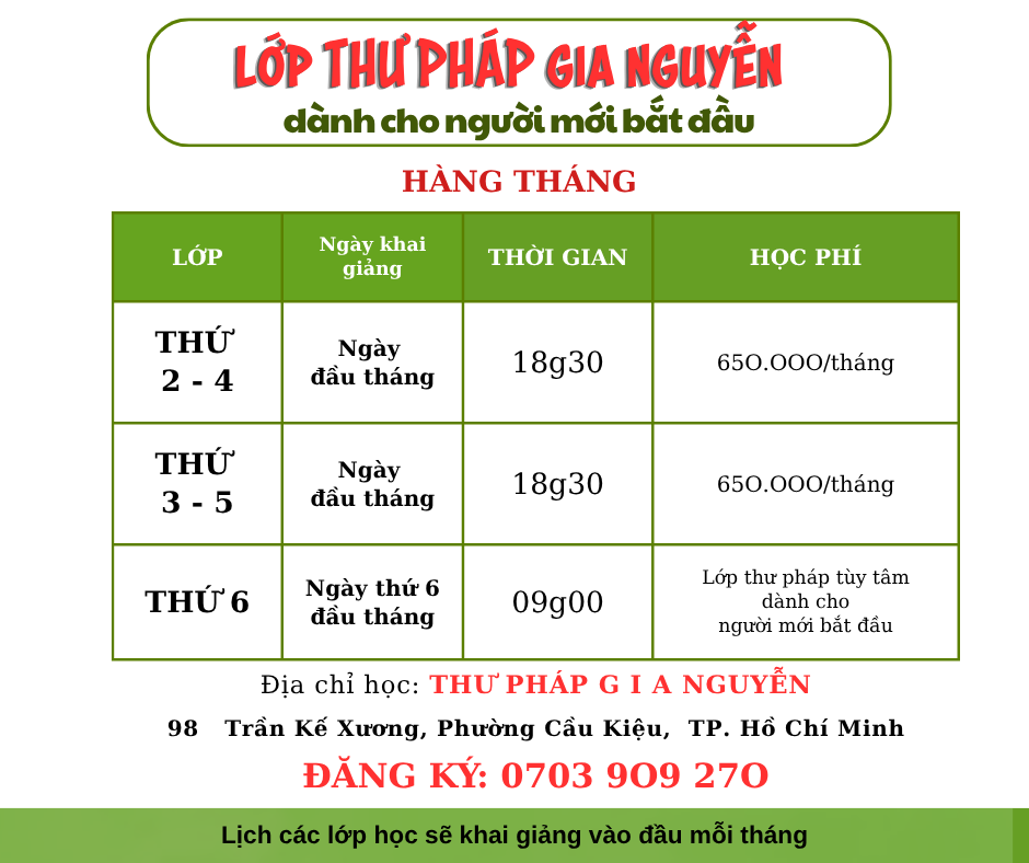 CHIÊU SINH LỚP THƯ PHÁP HÀNG THÁNG