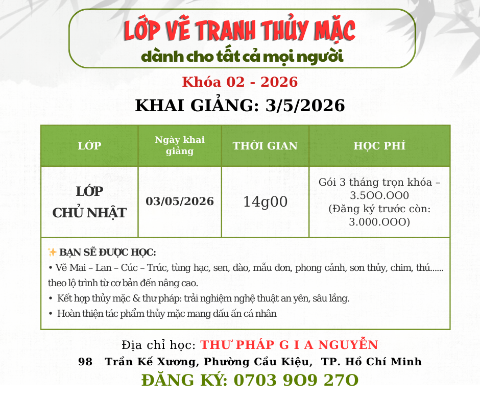 LỚP VẼ TRANH THỦY MẶC – HỌC TỪ CĂN BẢN THÁNG 5/2026